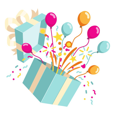there is a blue box with balloons and confetti in itのイラスト素材