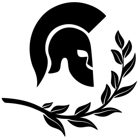 a black and white silhouette of a spartan helmet with a laurelのイラスト素材