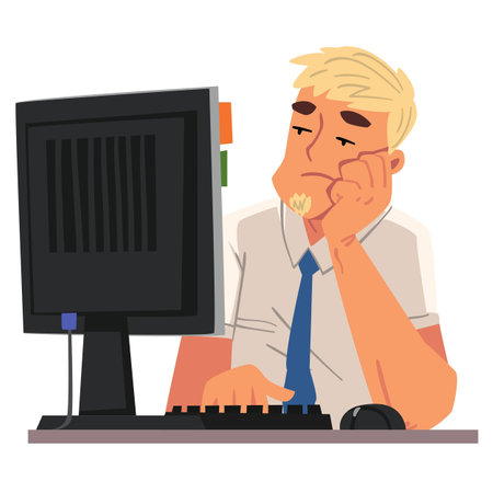 cartoon man sitting at a desk with a computer and a keyboardのイラスト素材