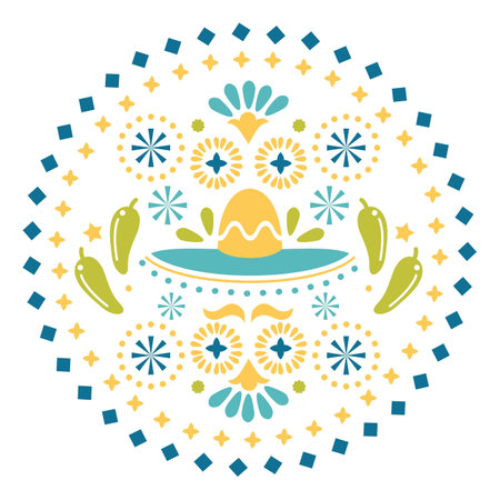 a close up of a hat with peppers and stars in a circleのイラスト素材