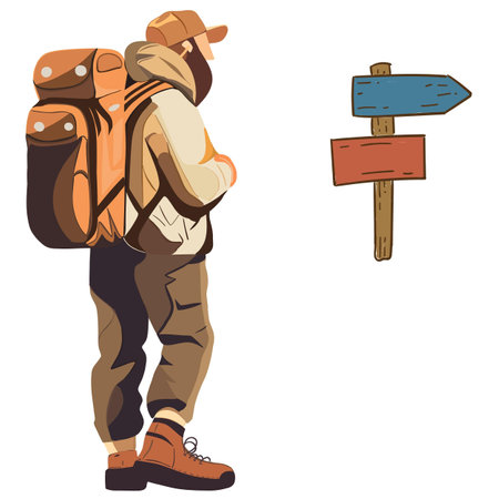there is a man with a backpack standing next to a signのイラスト素材
