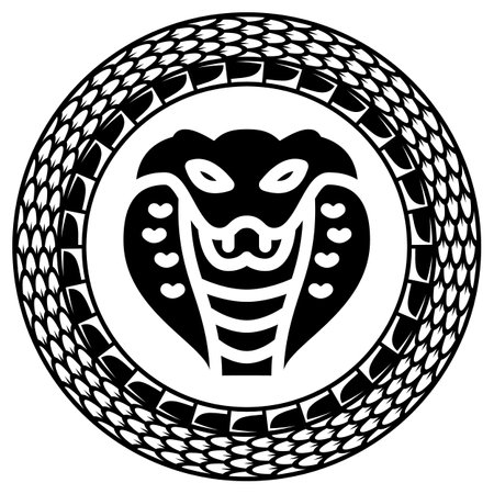 a black and white snake with a snake head in a circleのイラスト素材