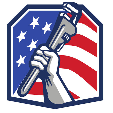 a close up of a person holding a wrench in front of an american flagのイラスト素材