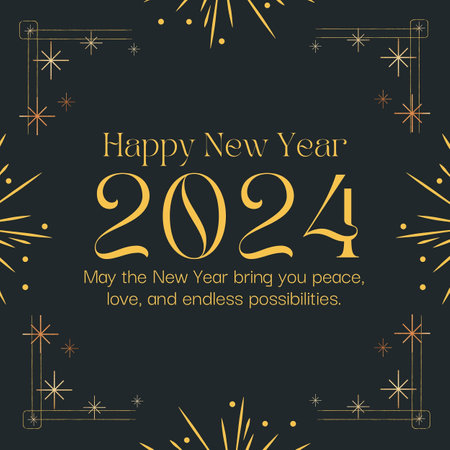 a close up of a black and gold new year card with fireworksの写真素材
