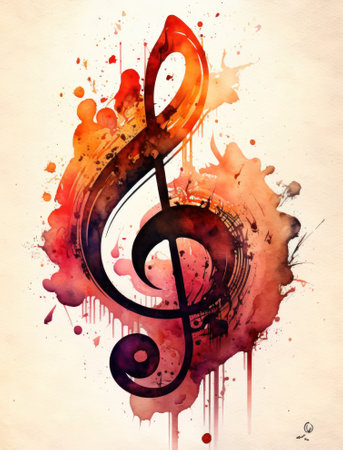 Colorful grunge music background with watercolor splashes and treble clefの素材