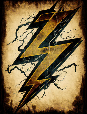 Grunge lightning symbol on old paper background with some damage on itの素材