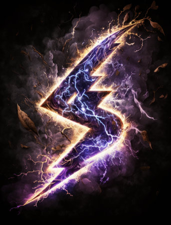 Lightning bolt with fire and smoke on a black background. The power of electricity.の素材