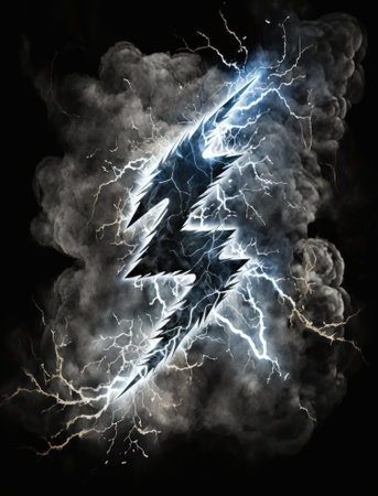 Lightning thunderbolt on a dark background with clouds of smoke.の素材