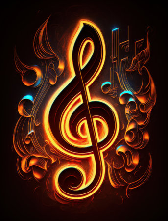 Music note in fire flames on a dark background. Vector illustration.の素材
