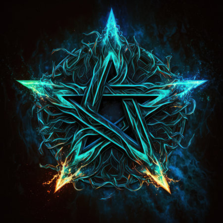 Burning pentagram in the form of a star on a dark backgroundの素材