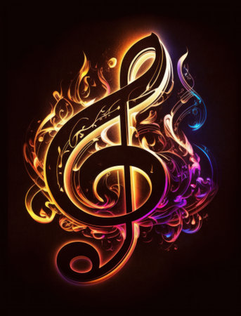 Music note with fire flames on a black background. Vector illustration.の素材