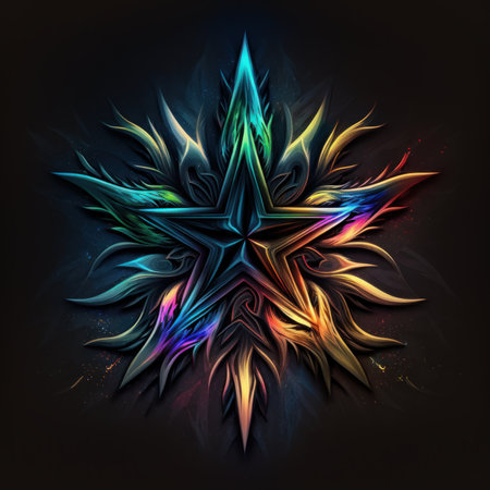 Ornate colorful star on a black background. 3D renderingの素材