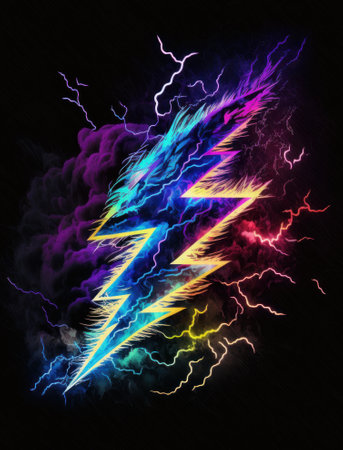 Lightning and thunderbolt on a dark background. 3D renderingの素材