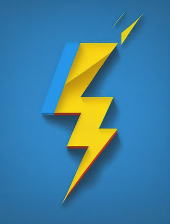 Highly rendering of yellow and blue lightning symbol on blue background.の素材
