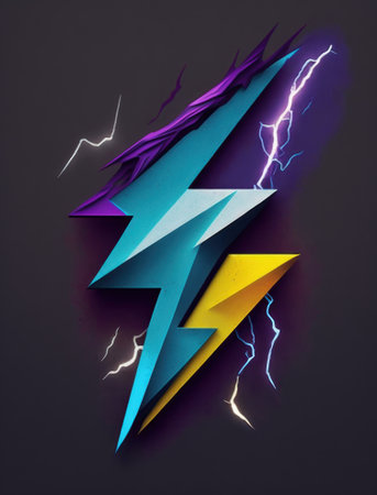 Blue and yellow lightning bolt on dark background. 3d illustration.の素材