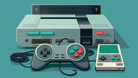 Retro video game console and gamepad on a green background. Vector illustrationの素材
