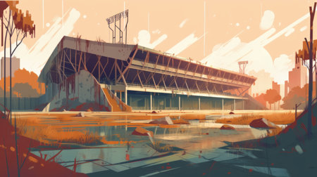 Vector illustration of an urban landscape with a road and a stadium.の素材