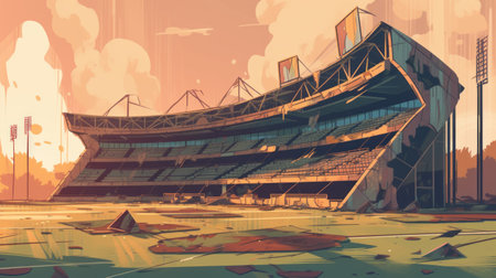 Digital illustration of a large football stadium in the city in the eveningの素材