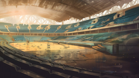 Empty stadium with floodlights and seats. 3D rendering.の素材