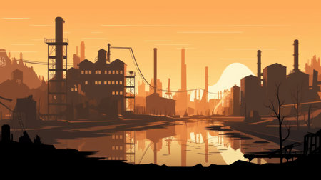 Factory in the city at sunset. Vector illustration of industrial landscape.の素材