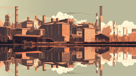 Industrial landscape with river and buildings. Vector illustration in retro styleの素材