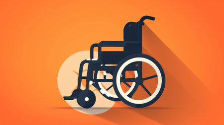 Wheelchair icon with shadow on orange background. Flat style vector illustration.の素材