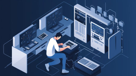 Vector isometric illustration of a man working in a software development center.の素材