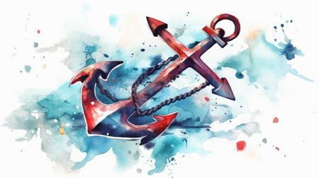Anchor on a watercolor background. Hand drawn illustrationの素材