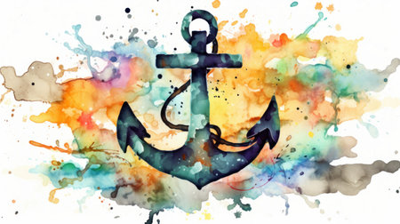 Anchor on watercolor splashes background. Hand drawn illustrationの素材