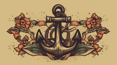 Anchor and flowers in vintage style. Hand drawn vector illustration.の素材