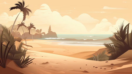 Seascape with palm trees and sand dunes. Vector illustrationの素材
