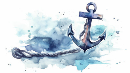 Anchor with rope on watercolor background. Hand drawn illustrationの素材
