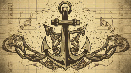Anchor on the background of the old map. Vector illustrationの素材