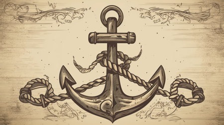 Anchor and rope on old paper background. Vector illustration.の素材