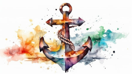 Anchor on watercolor splashes background. Watercolor illustrationの素材