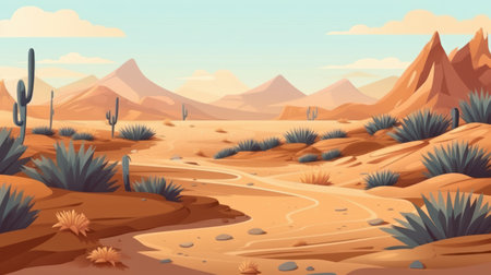 Desert landscape with cactuses and mountains. Vector cartoon illustrationの素材