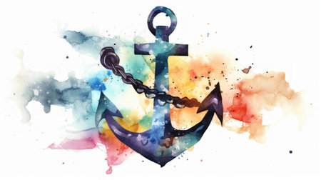 Anchor on watercolor splashes background. Hand drawn illustrationの素材