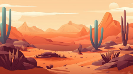 Desert landscape with cactuses. Cartoon style vector illustration.の素材