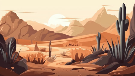 Desert landscape with cactuses and mountains. Vector cartoon illustrationの素材