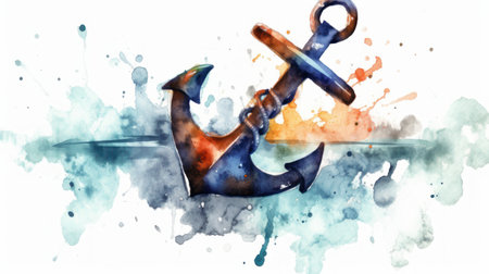 Anchor and watercolor splashes on a white background.の素材