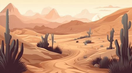 Desert landscape with cactuses and mountains. Vector illustration.の素材