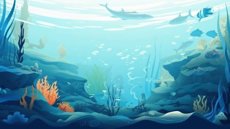 Underwater landscape with coral reef, fishes and seaweed. Vector cartoon illustrationの素材