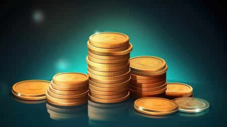 Gold coins stack on dark background. 3D illustration. Money conceptの素材
