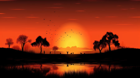 illustration of sunset over the lake with birds and tree silhouettesの素材