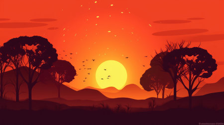 Illustration of a sunset in the mountains with trees and birds.の素材
