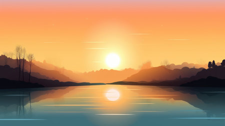 Sunset over the lake with trees and mountains, vector illustration.の素材