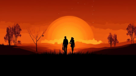 Silhouette of couple in love at sunset. Vector illustration.の素材