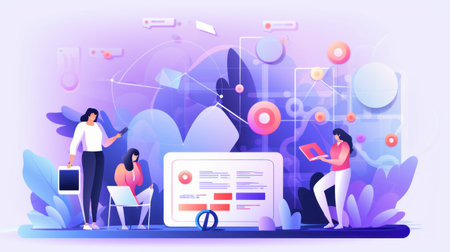 People with gadgets and gadgets working in the office. Teamwork, teamwork, communication concept. Trendy flat vector illustration.の素材