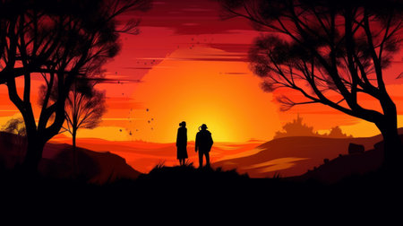 Silhouette of a man and a woman on the background of the sunsetの素材