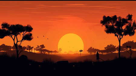 Illustration of a beautiful sunset with a silhouette of a man walking in the fieldの素材